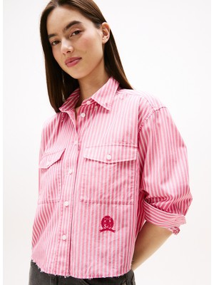 Tommy Jeans Standart Gömlek Yaka Çizgili Kırmızı Kadın Gömlek DW0DW21453XI5