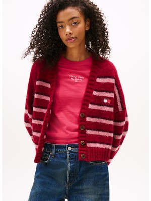 Tommy Jeans Standart Çizgili Kırmızı Kadın Kazak DW0DW21678XJP