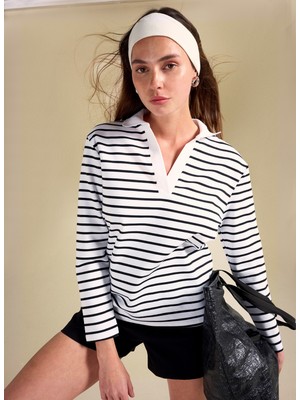 People By Fabrika Kadın Polo T-Shirt Uzun Kol Çizgili Siyah - Beyaz %60 Viskon - %37 Pamuk - %3 Elastan