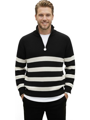 Deepsea Erkek Siyah Yarım Fermuarlı Oversize Kesim Triko Kazak Pamuklu Yumuşak Örgü Çizgili Kazak 2608513