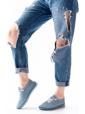 Etiler Collection S-365  Mavi Desenli Hakiki Deri Şeffaf Taban Kadın Spor Ayakkabı