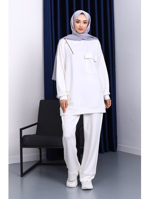 İmaj Butik Ekru Tek Cepli Tunik Pantolonlu Modal Takım