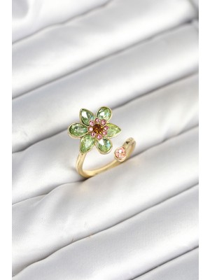 Angel Of Life Çiçek Model Yeşil Pirinç Gold Renk Yüzük - TJ-BYK3901