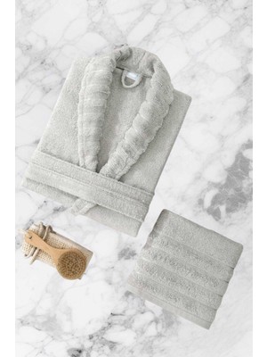 Femina Trendy Aqualoom Lüx Bornoz ve Havlu Seti &AMP;#37;100 Pamuklu Açık Gri