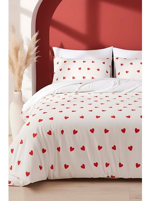 Kırmızı Kalpli Çift Kişilik Nevresim Takımı Pamuklu