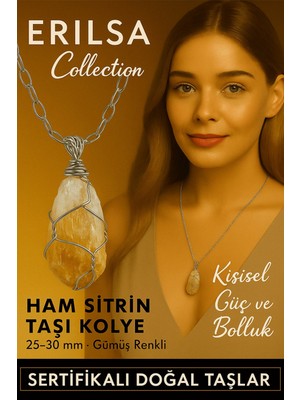 Erilsa Sertifikalı Gümüş Tel Sargılı Diş Formu Sitrin Taşı Kolye – 25-30 mm Bereket ve Enerji Taşı