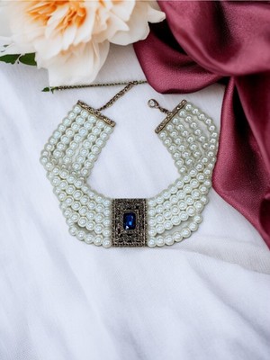 Fayra Accessories Elmas Montür Kristal Taşlı İnci Tasma Kolye