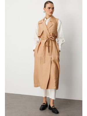 Bej Mizalle Keten Karışımlı Camel Uzun Trençkot Yelek