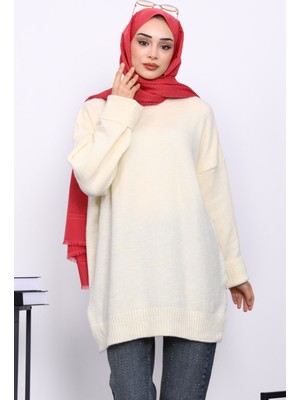 İmaj Butik Krem Dik Yaka Oversize Triko Kazak