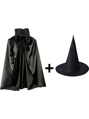 Venüs Shopping Siyah Yakalı Pelerin ve Siyah Cadı Şapkası Seti Çocuk Boy