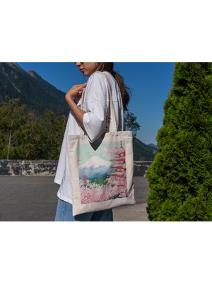 Ninastore Fuji Dağı Kiraz Çiçeği Tote Çantası - Şirin Tote Çanta, Japon Tote Çantası, Tote Çanta, Kanvas Çanta, Estetik Tote Çanta, En Iyi Tote Çanta, Tote Çanta