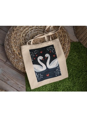 Ninastore Swan Hearts Tote Çanta - Sevimli Tote Çanta, Estetik Tote Çanta, Tote Çanta, Kanvas Çanta, Kitap Çantası, Alışveriş Çantası, Swan Tote Çanta, Hayvan Desenli Tote Çanta