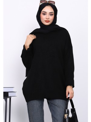 İmaj Butik Siyah Dik Yaka Oversize Triko Kazak