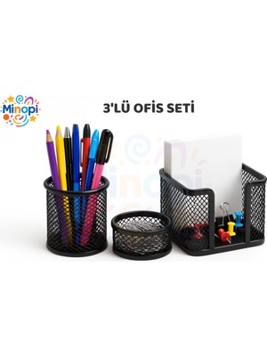 Minopi Plastik Siyah 3'lü Ofis Seti Kalemlik Ataşlık Kağıtlık Ofis Büro Düzenleyici