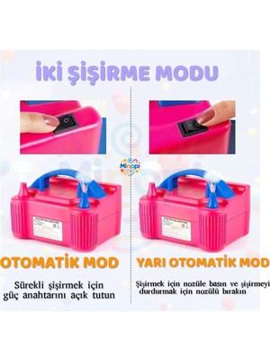 Minopi Çift Çıkışlı Balon Şişirme Makinası, Elektrikli Balon Pompası Pembe Mavi