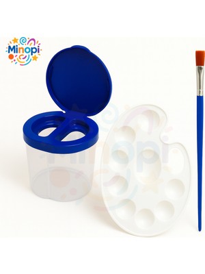 Minopi Sulu Boya Seti 3'lü Set ( Lacivert Su Kabı + Resim Paleti + Fırça ) Anaokulu Resim Malzemesi Kreş