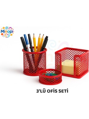 Minopi Plastik Kırmızı 3'lü Ofis Seti Kalemlik Ataşlık Kağıtlık Ofis Büro Düzenleyici