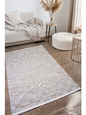 Kupon Halı Gri Bej Sisal Bukle Dokuma Hasır Desen Kaymaz Saçaklı Makine Halısı Salon, Mutfak, Çocuk Odası Yolluk