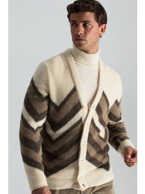 Hemington Alpaka Yün Kaşmir Karışım Zigzag Desen Bej Camel Düğmeli Hırka