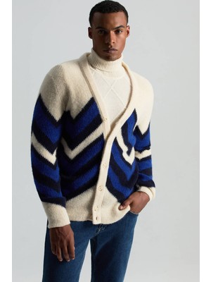 Hemington Alpaka Yün Kaşmir Karışım Zigzag Desen Bej Lacivert Düğmeli Hırka