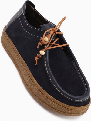 Limoya Polin Hakiki Deri Lacivert Süet Bağcıklı Günlük Loafer Ayakkabı