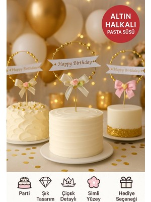 Toyfest Altın Halkalı Happy Birthday Pasta Süsü – Gümüş Simli & Çiçekli Fiyonklu Doğum Günü Dekoru