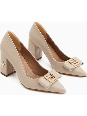 Limoya Melly Bej Tokalı Kalın Topuklu Kadın Ayakkabı