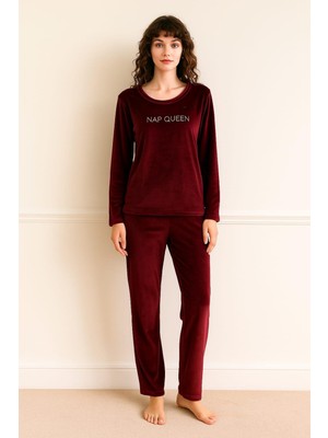 Pemilo Kadın 13166-2784 Uzun Kol Kadife Pijama Takımı Mürdüm