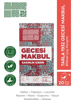 Tarla 1932 Gecesi Makbul Bitkisel Çay 20 Süzen Poşet - Lavanta, Papatya, Melisa, Doğal ve Katkısız