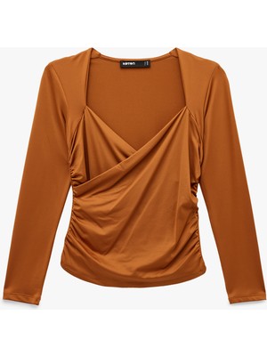 Koton Uzun Kollu Slim Fit Kruvaze V Yaka Saten Bluz