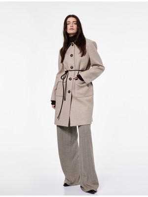 Koton x Şahika Ercümen - Uzun Kollu Cepli Düğmeli Ince Kemer Detaylı Kaşe Kaban