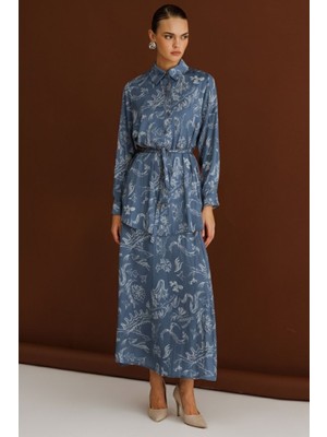 Mizalle Mavi Desenli Evaze Uzun Saten Etek