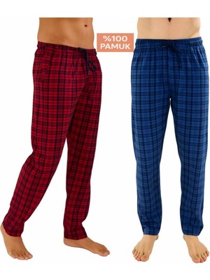 Düven Erkek Pamuklu Ekose Bordo & Indigo 2'li Tek Alt Pijama - Mevsimlik Bay Unisex Pijama Altı