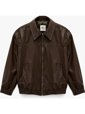Koton Klasik Yaka Cepli Fermuarlı Suni Deri Oversize Bomber Ceket