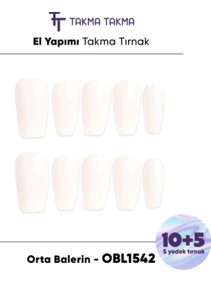 Takma Takma 15'li Krem Rengi Orta Balerin OBL1542 Tekrar Kullanılabilir El Yapımı Protez Takma Tırnak - Krem-M