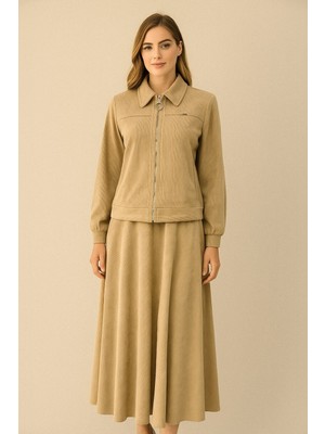 Doque 56083 Önden Fermuarlı Cepli Eteğinin Beli Fermuarlı Fitilli Etekli Takım #10-25#