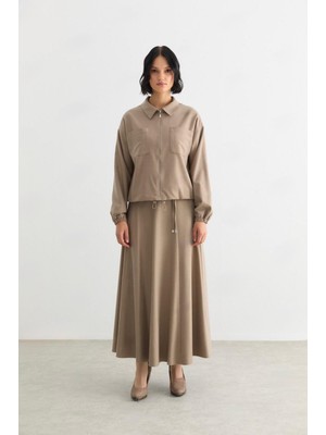 Doque 56017 Önden Fermuarlı Çift Cepli Ceket Ucu Büzgülü Kumaş Etekli Takım #10-25#