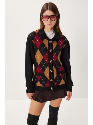 Happiness İstanbul Baklava Desenli Düğmeli Triko Hırka LXA0007 Siyah Bordo