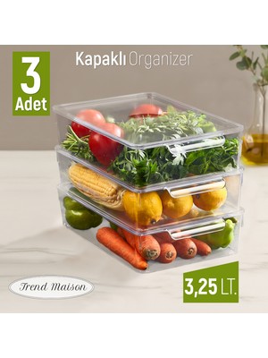 Trend Maison 3'lü Kapaklı Şeffaf Buzdolabı Içi Düzenleyici Organizer 3 x 3,25 Lt Set