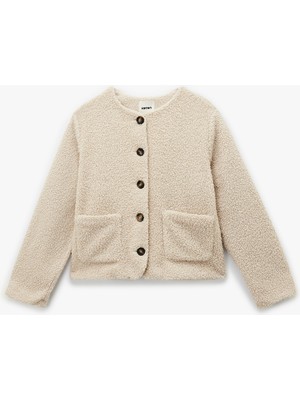 Koton Düğmeli Cep Detaylı Uzun Kollu Bisiklet Yaka Peluş Bomber Ceket