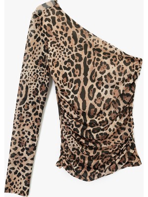 Koton Leopar Desenli Uzun Kollu Tek Omuz Tül Tişört