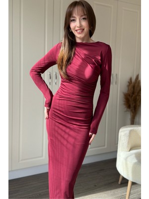 Dilay Gökoğlu Butik Zarif Drapeli Uzun Kollu Midi Bordo Elbise