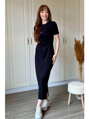 Dilay Gökoğlu Butik Bağlamalı Siyah Midi Modal Elbise