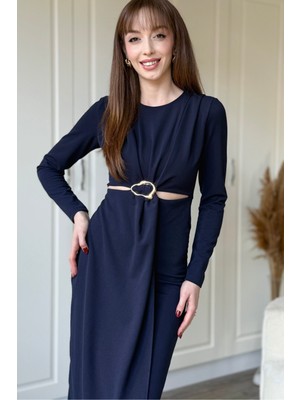 Dilay Gökoğlu Butik Bel Detaylı Uzun Kollu Midi Lacivert Elbise