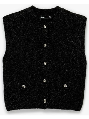 Koton Metalik Iplik Detaylı Parıltılı Bisiklet Yaka Triko Düğmeli Peluş Yelek