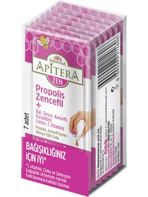 Balparmak Apitera ZEN Doğal Bal, C Vitamini, Çinko, Selenyum, Zencefil, Tarçın, Karanfil, Karabiber, Limon ve Propolis İçeren Takviye Edici 7’li Saşe