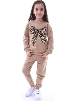 Kyex Kız Çocuk Leopar Desen Pamuklu Alt Üst Kahverengi Eşofman Takımı