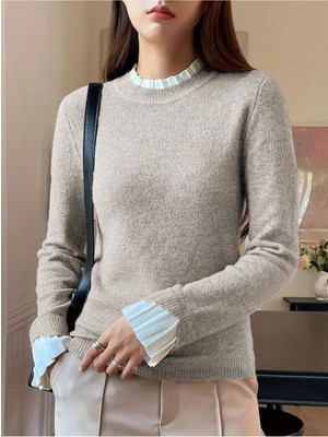 Kadın Uzun Kollu Fırfırlı Yakalı Triko Krem Bluz