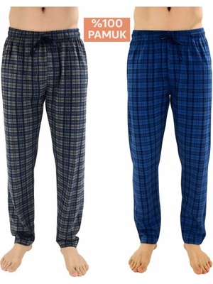 Düven Erkek Pamuklu Ekose Indigo & Antrasit 2'li Tek Alt Pijama - Mevsimlik Bay Unisex Pijama Altı