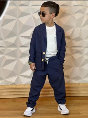 RG Brand Erkek Çocuk Doğal Keten Kumaş, Pantolon, Tişört, Ceket 3'lü Takım Elbise_RG1465